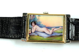 Glycine 1920’s Man’s 18K Gold Wrist Watch W/ Erotic Enamel Nude Woman