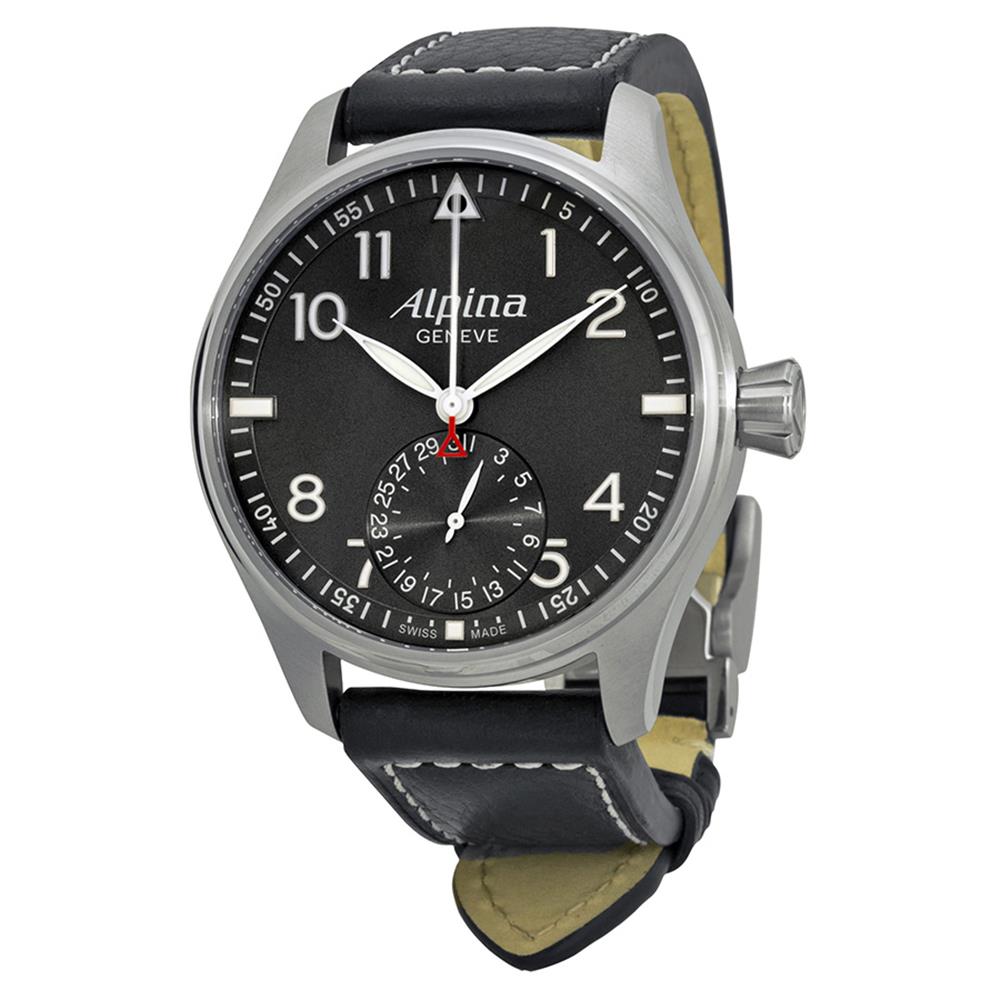 ALPINA MEN'S SMARTIME PILOT 44MM BLACK LEATHER BAND AUTOMATIC WATCH 710G4S6