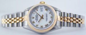 ROLEX Ladies 18kt Yellow Gold Stainless DateJust White ROMAN 69173 SANT BLANC