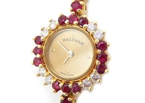 Auth Waltham Diamond Ruby K18YG  Breath Watch Ladies Quartz Y1351633