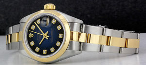 ROLEX 18kt Gold & SS Ladies DateJust Blue Vignette DIAMOND Dial 79163 SANT BLANC