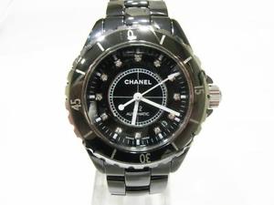 Auth CHANEL Ceramic J12 Diamonds Dial Wristwatch Black H1626 Automatic Men