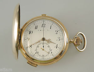 MINT Large 14K Gold QUARTER REPEATER and CHRONOGRAPH Hunter Pocket Watch c1915