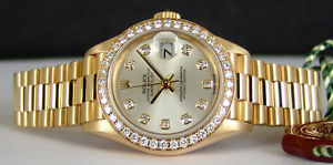 ROLEX - 26mm Ladies 18kt Gold PRESIDENT Silver Diamond Dial - 69178 SANT BLANC