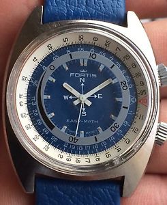 Rare Vintage 1970 Fortis 7242 *EASY-MATH* Slide Rule Blue Dial Mens Watch!FHF96!