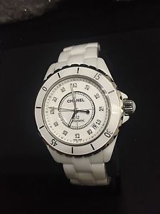 AUTHENTIC CHANEL White Ceramic Diamond Watch-J12 38 MM