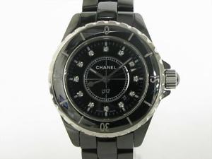 Auth CHANEL Black Ceramic Diamond J12 Diamonds Wristwatch H1625 Quartz