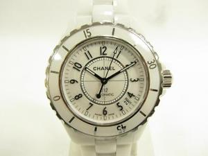 Auth CHANEL Stainless Steel White Ceramic J12 Wristwatch H0970 Automatic