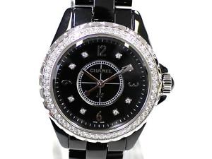 Auth CHANEL Stainless Steel Ceramic J12 Bezel Diamond Watch Quartz Women