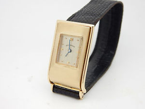 Vintage Ladies SCHLUMBERGER Automatic 14k Yellow Gold Black Leather Band Watch