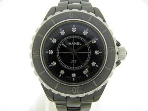 Auth CHANEL Ceramic J12 Diamonds Wristwatch H1625 Quartz Women