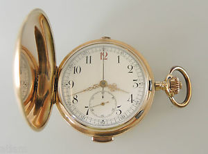 MINT Large 18K Gold QUARTER REPEATER and CHRONOGRAPH Hunter Pocket Watch c1910