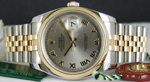 ROLEX - 18kt Gold & SS 36mm Mens DateJust Rhodium Silver Roman 116203 SANT BLANC