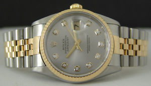 ROLEX - Mens 36mm 18kt Gold & SS DateJust Silver DIAMOND Dial - 16233 SANT BLANC