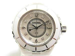 Auth CHANEL Ceramic Diamond J12 Womens Watch Quartz Shell White H2422