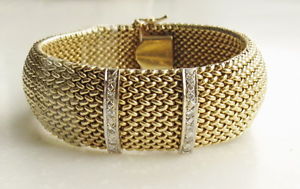HEAVY 14K Yellow Gold Mesh Diamond Dome Wide BRACELET Bangle Hidden Watch