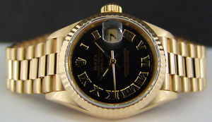 ROLEX - Ladies 18kt Gold PRESIDENT Black Sunbeam Roman Dial - 69178 SANT BLANC