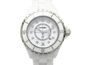 Auth CHANEL White Ceramic Stainless Steel J12 Diamonds Ladies Watch H1628 Quartz