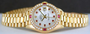 ROLEX - Ladies 18kt Yellow Gold President Diamond MOP Ruby Dial - SANT BLANC