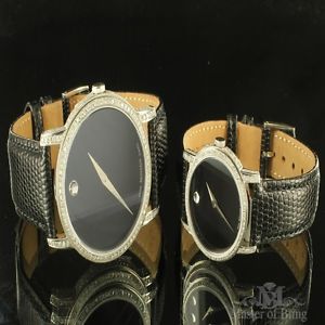 Movado Watch Genuine Diamond Men Iced Cut Women Classy Original Leather Band Set