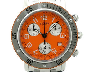 Pre-owned HERMES CL2.916 Clipper Diver Chronograph SS Orange Dial Mens Watch, PD