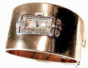 14K Diamond & Ruby Solid Gold, Hinged Cuff Retro Bracelet w/Vintage Watch -FAB!