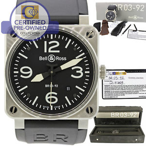 2009 Bell and Ross Aviation Black Dial Steel 42mm Watch BR-0392 Complete BP,