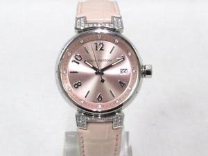 Auth LOUIS VUITTON Stainless Stee Diamond Leather Tambour PM Watch Q121Y