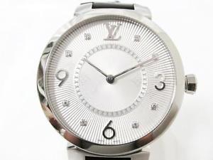 Auth LOUIS VUITTON Stainless Steel Leather Diamond Tambour Monogram Q13MJ