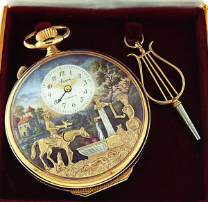 Arnex Swiss Gold Plated Open Face Musical Pocket Watch w/Automaton, pre-Reuge...