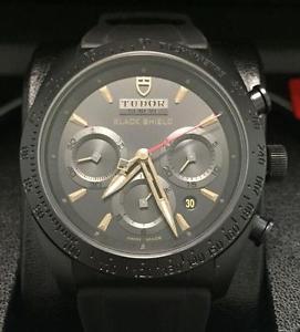 MINT TUDOR BLACK SHIELD FASTRIDER 42000CN GOLD ACCENTS / CHRONOGRAPH / RUBBER