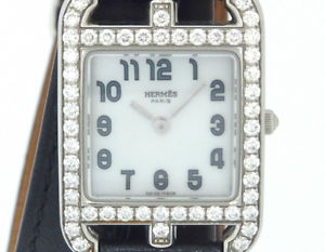 Pre-owned HERMES CC1.230 SS/Leather Quartz White Shell Dial Ladies Watch, PD