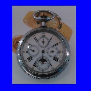 Substantial & Rare Silver Swiss Perpetual Calendar Goliath Pocket Watch 1890