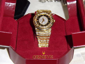 Men's GENEVE  18K SOLID Yellow Gold Diamond WATCH W/BOX