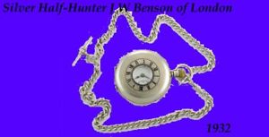 Mint Silver Benson 15J Half-Hunter Two-Time Zone Pocket Watch 1932 &Albert Chain