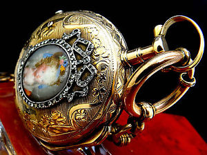 L`Epine Paris Madame de Pompadour Emaile Portrait Spindeltaschenuhr 18K 750 Gold