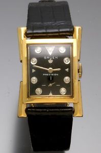 Rare Gruen Watch 14K Gold Hour Glass Case with Black Diamond Dial Vintage C.1940