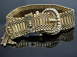 Antique 14k Gold Triumph Belt & Buckle Black Enamel Tassel Hidden Women's Watch