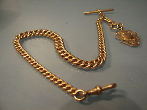 Solid 9ct rose gold graduated watch chain, shield fob 43 grm 1915 in wooden case
