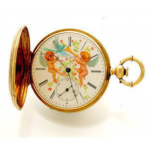 Victorian 18K Gold Case with Black Enamel Cherub Dial Mathey Pocket Watch CA1880