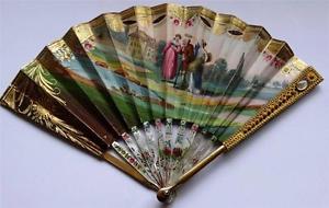 Mega rare antique early 19th Century French gold gild&diamonds fan .Hand painted
