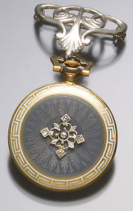 Ladies Platinum Diamond Enameled Pendant Watch Antique Edwardian Period 1890s