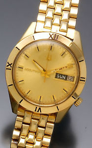 Rare Solid 14K Gold Bulova Accutron Wrist Watch with Day/Date, Enameled Bezel an