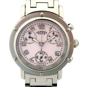 Pre-owned HERMES CL1.310 Clipper Chronograph SS Pink Shell Dial Ladies Watch, PD