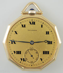Solid 14K Gold 10 Sided TAVANNES Pocket Watch c1920