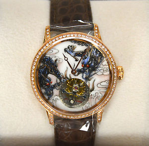 Flying Tourbillon Diamond Rose Gold Wristwatch with Enamel Double Dragon Dial