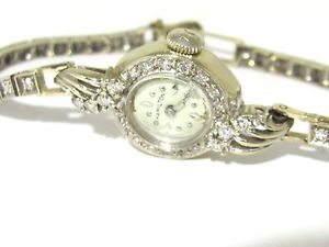 HAMILTON RARE VINTAGE WOMEN'S WATCH 14K WHITE GOLD BEAUTIFUL DIAMONDS SERVICED