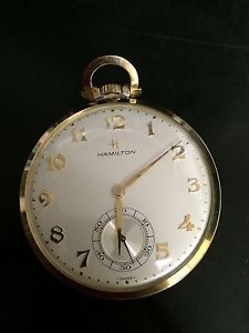 HAMILTON SWISS MADE 17 JEWELS 46mm 10K SOLID GOLD POCKET WATCH KEEPS GOOD TIME