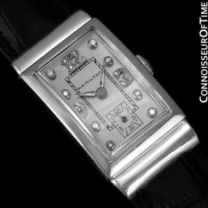 1940's HAMILTON Vintage Mens Watch with Hooded Lugs - 14K White Gold & Diamonds