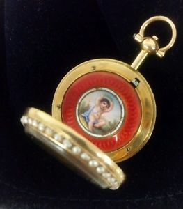 Antique 14K French pocket watch w/Enamel and Natural Pearls